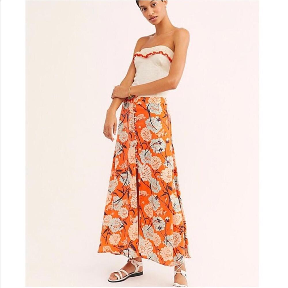 Free People Sammy Button Down Orange Floral Maxi Skirt Size 6